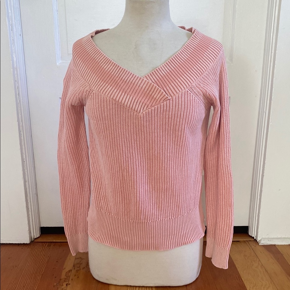 rag & bone 100% Cotton Rib Knit Wide V Neck Coral Sweater Small‎